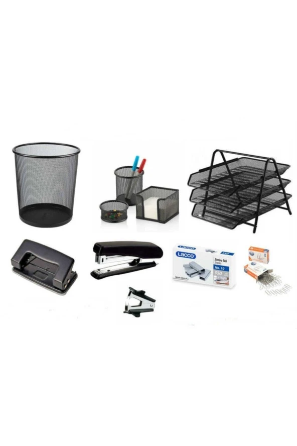 8 Parça Ofis Seti  Evrak Rafı - Delgeç - Çöp Kovası - Daksil - Ataş - Zımba Seti ürün görseli