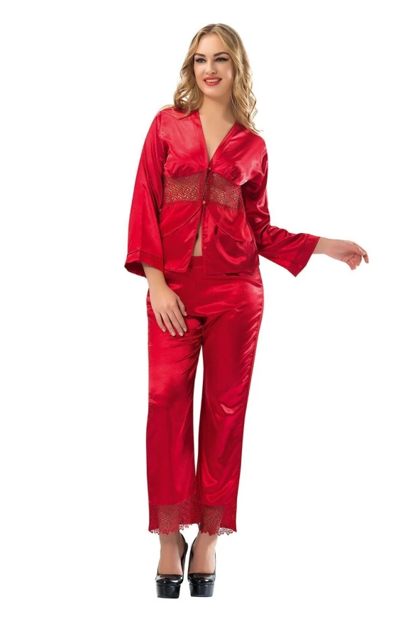 1601 Saten Kırmızı Pijama Takım Kırmızı Renk Xl Beden