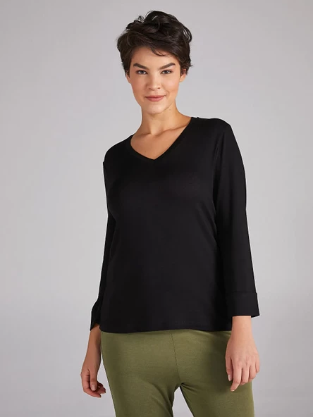 Faik Sönmez Minimalist V Yaka 3/4 Kol Kadın T-Shirt - Günlük Şıklık - 2