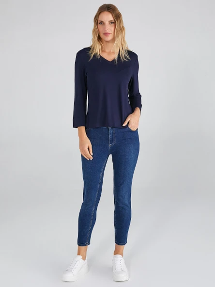 Faik Sönmez Minimalist V Yaka 3/4 Kol Kadın T-Shirt - Günlük Şıklık - 8