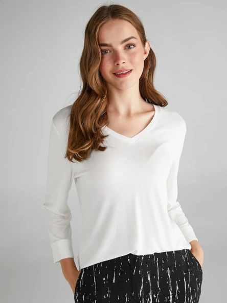 Faik Sönmez Minimalist V Yaka 3/4 Kol Kadın T-Shirt - Günlük Şıklık - 11