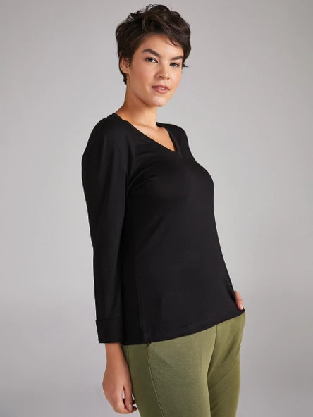 Faik Sönmez Minimalist V Yaka 3/4 Kol Kadın T-Shirt - Günlük Şıklık - 9