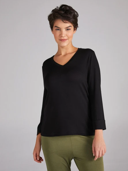 Faik Sönmez Minimalist V Yaka 3/4 Kol Kadın T-Shirt - Günlük Şıklık - 3