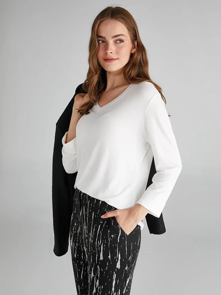 Faik Sönmez Minimalist V Yaka 3/4 Kol Kadın T-Shirt - Günlük Şıklık - 6