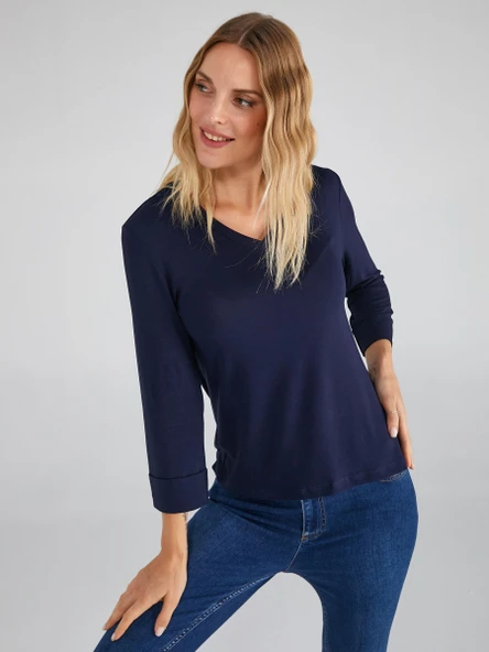 Faik Sönmez Minimalist V Yaka 3/4 Kol Kadın T-Shirt - Günlük Şıklık - 4