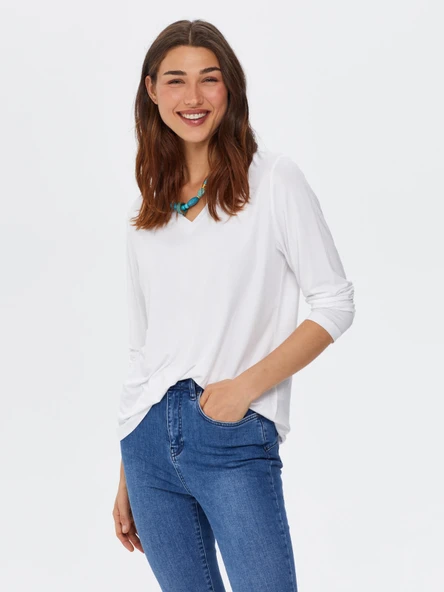 Faik Sönmez Kadın Oversize V Yaka Uzun Kol Minimalist T-Shirt