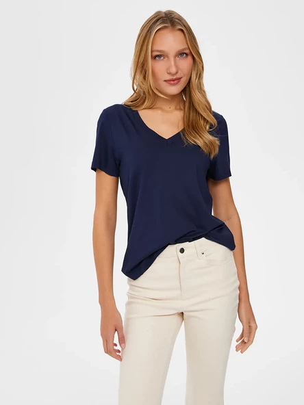 Faik Sönmez Kadın Oversize V Yaka Uzun Kol Minimalist T-Shirt - 11