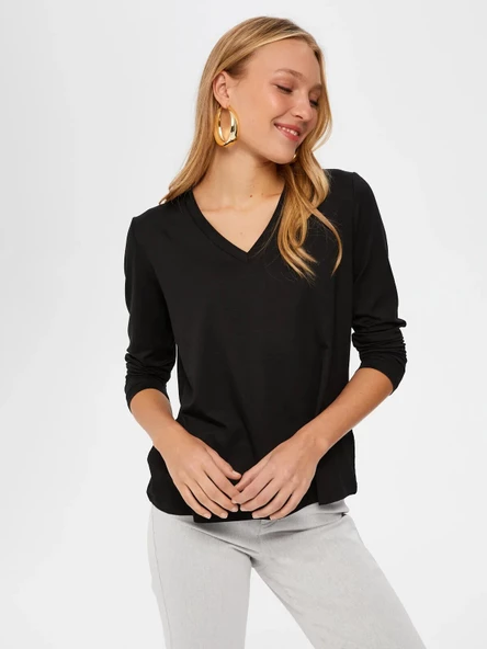 Faik Sönmez Kadın Oversize V Yaka Uzun Kol Minimalist T-Shirt - 3