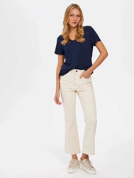 Faik Sönmez Kadın Oversize V Yaka Uzun Kol Minimalist T-Shirt - 10