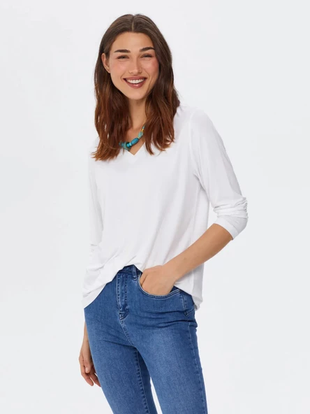 Faik Sönmez Kadın Oversize V Yaka Uzun Kol Minimalist T-Shirt - 5