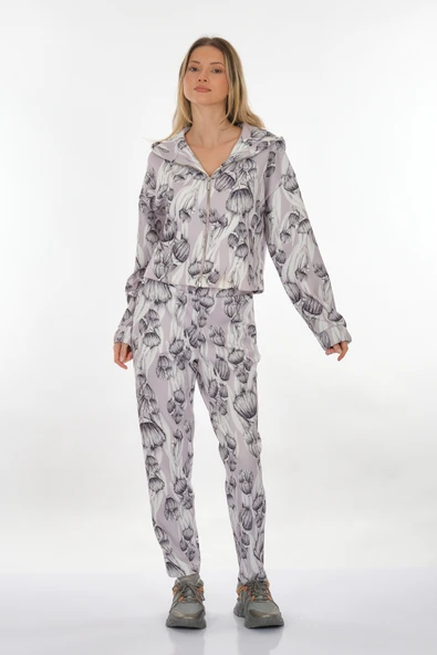 Perspective Oversize Crop Kadın Mont - Minimalist Çiçek Desen - Günlük Spor