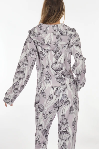 Perspective Oversize Crop Kadın Mont - Minimalist Çiçek Desen - Günlük Spor - 6