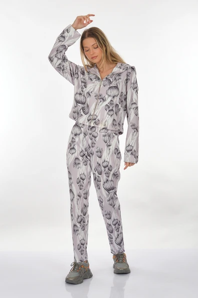 Perspective Oversize Crop Kadın Mont - Minimalist Çiçek Desen - Günlük Spor - 3