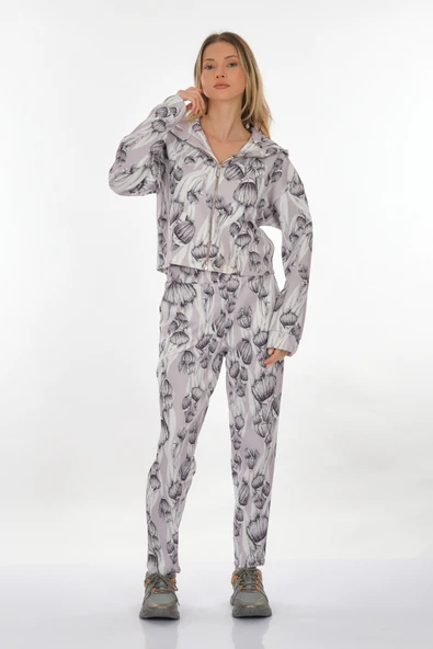 Perspective Oversize Crop Kadın Mont - Minimalist Çiçek Desen - Günlük Spor - 2