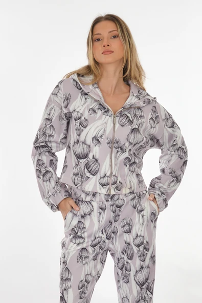 Perspective Oversize Crop Kadın Mont - Minimalist Çiçek Desen - Günlük Spor - 5