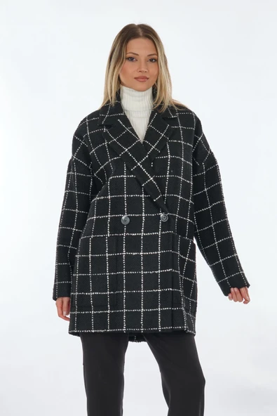 Perspective Oversize Midi Kaban - Minimalist Kareli Çift Göğüslü - 5