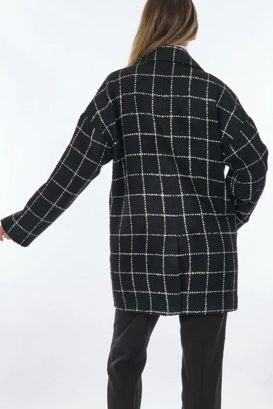 Perspective Oversize Midi Kaban - Minimalist Kareli Çift Göğüslü - 6