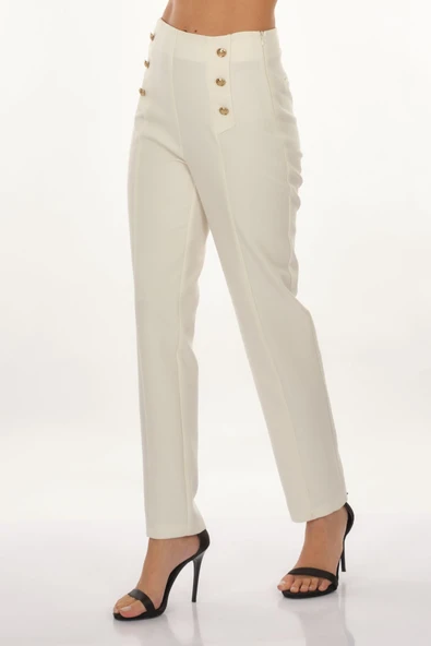 Perspective Minimalist Yüksek Bel Düğmeli Kadın Pantolon - Regular Fit - 2