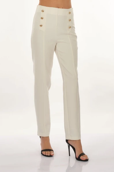 Perspective Minimalist Yüksek Bel Düğmeli Kadın Pantolon - Regular Fit - 3