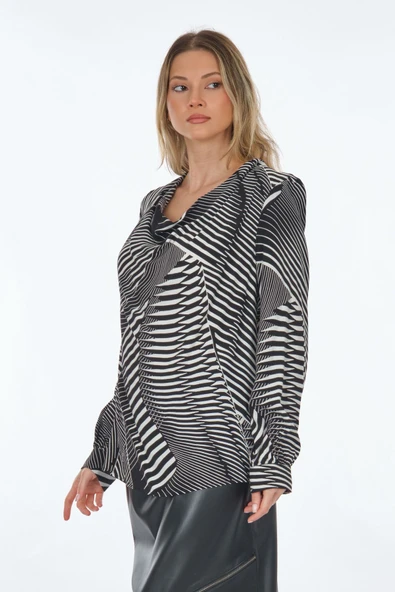 Perspective Minimalist Geometrik Desenli Uzun Kol Degaje Yaka Kadın Bluz - Resim 5