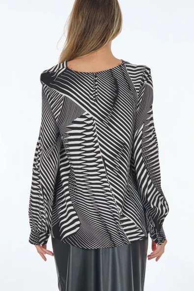 Perspective Minimalist Geometrik Desenli Uzun Kol Degaje Yaka Kadın Bluz - Resim 7