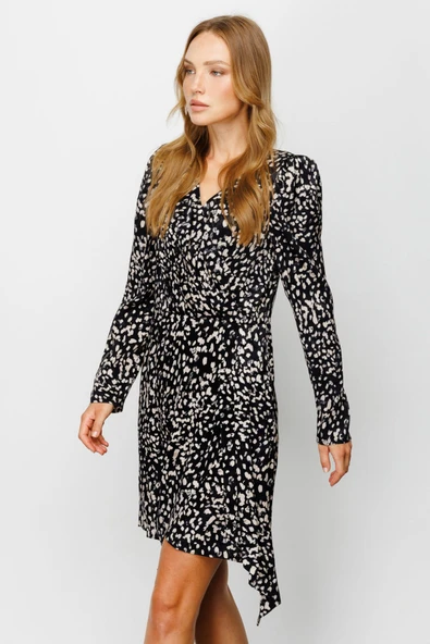 Ekol V Yaka Uzun Kol Midi Desenli Elbise - Günlük & Ofis Şıklığı - 2