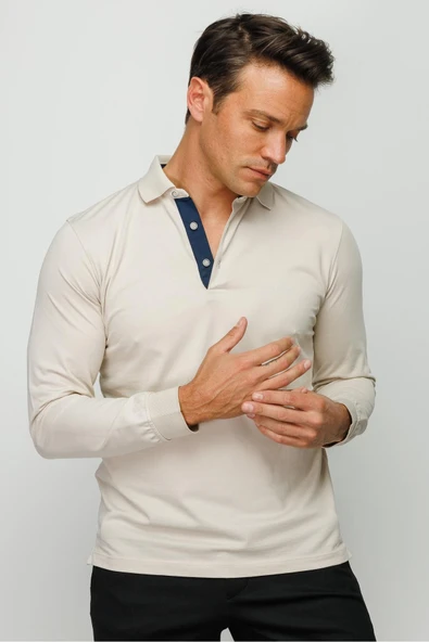 Desen Minimalist Uzun Kol Polo Yaka Erkek Sweatshirt - Rahat ve Şık - 3