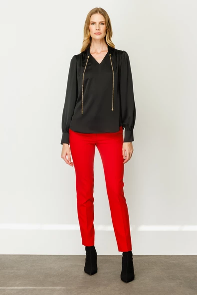 Ekol Minimalist V Yaka Uzun Kol Saten Bluz - Günlük & Ofis - 4