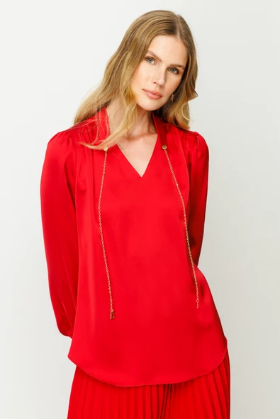 Ekol Minimalist V Yaka Uzun Kol Saten Bluz - Günlük & Ofis - 3