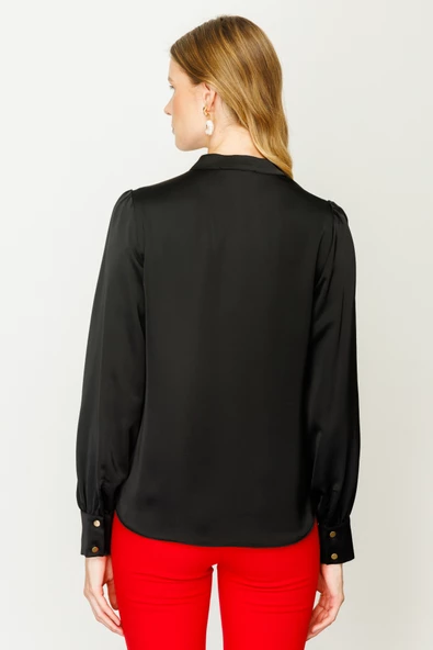 Ekol Minimalist V Yaka Uzun Kol Saten Bluz - Günlük & Ofis - 6