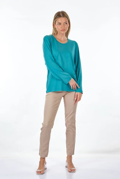 Desen Minimalist Oversize Uzun Kol Yuvarlak Yaka Kadın Bluz - Günlük Kullanım