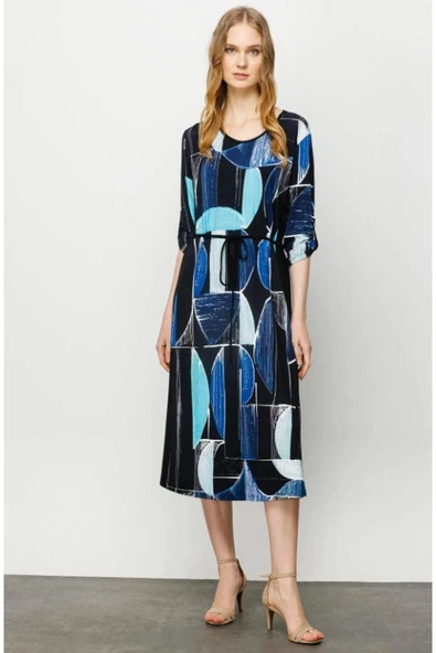 Desen Kadın Midi Elbise - Geometrik Desen - 3/4 Kol - Resim 3