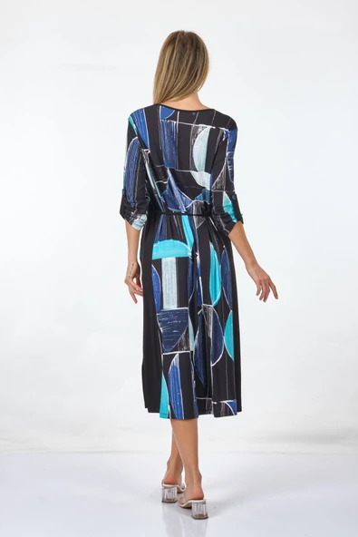 Desen Kadın Midi Elbise - Geometrik Desen - 3/4 Kol - Resim 5