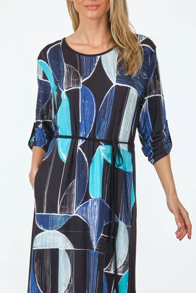 Desen Kadın Midi Elbise - Geometrik Desen - 3/4 Kol - Resim 6