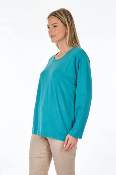 Desen Minimalist Oversize Uzun Kol Yuvarlak Yaka Kadın Bluz - Günlük Kullanım - 4