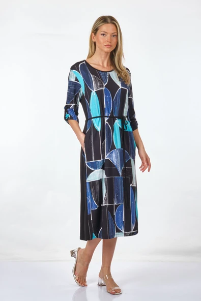 Desen Kadın Midi Elbise - Geometrik Desen - 3/4 Kol - Resim 4