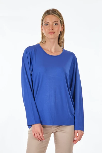 Desen Minimalist Oversize Uzun Kol Yuvarlak Yaka Kadın Bluz - Günlük Kullanım - 6