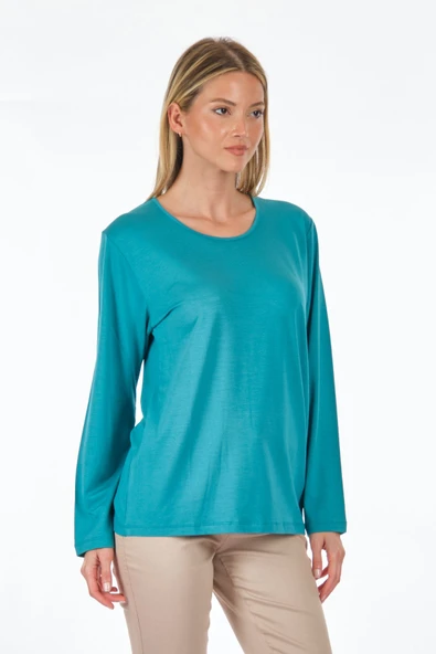 Desen Minimalist Oversize Uzun Kol Yuvarlak Yaka Kadın Bluz - Günlük Kullanım - 3