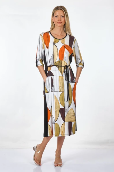 Desen Kadın Midi Elbise - Geometrik Desen - 3/4 Kol - Resim 7