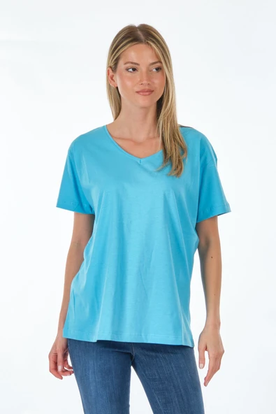 Seçil Kadın Oversize V Yaka Kısa Kol Minimalist T-Shirt - Günlük Kullanım - 2