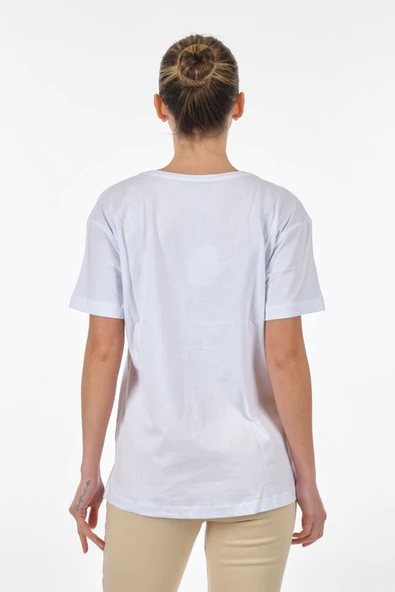Seçil Kadın Oversize V Yaka Kısa Kol Minimalist T-Shirt - Günlük Kullanım - 9