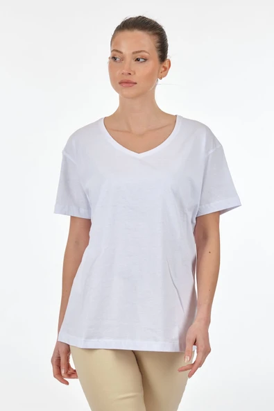 Seçil Kadın Oversize V Yaka Kısa Kol Minimalist T-Shirt - Günlük Kullanım - 6