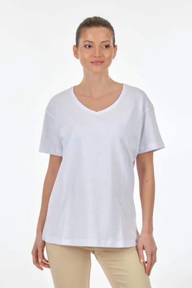 Seçil Kadın Oversize V Yaka Kısa Kol Minimalist T-Shirt - Günlük Kullanım - 4