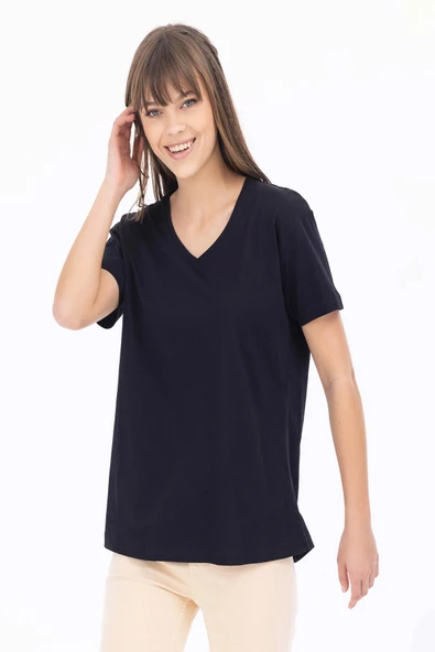 Seçil Kadın Oversize V Yaka Kısa Kol Minimalist T-Shirt - Günlük Kullanım - 3