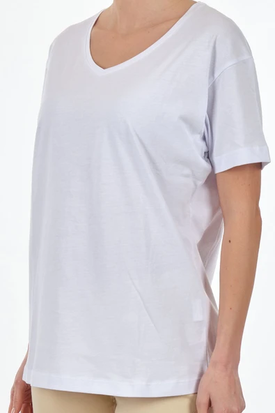 Seçil Kadın Oversize V Yaka Kısa Kol Minimalist T-Shirt - Günlük Kullanım - 7