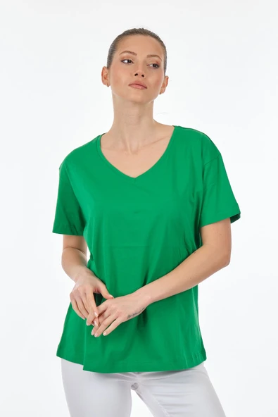 Seçil Kadın Oversize V Yaka Kısa Kol Minimalist T-Shirt - Günlük Kullanım