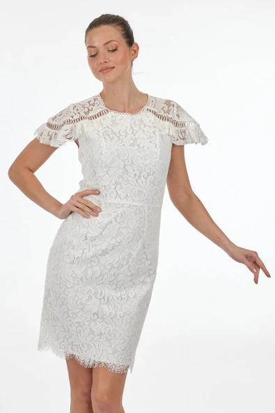 Ekol Dantelli Midi Elbise - Kısa Kol, Yuvarlak Yaka, Minimalist - Resim 4