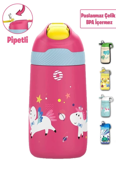 Vagonlife 2'Lİ SET 350 ML Çocuk Pipetli Çelik Matara Paslanmaz Çelik Termos 5 Farklı Renk 2055-350ML - 11