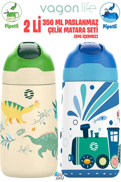 Vagonlife 2'Lİ SET 350 ML Çocuk Pipetli Çelik Matara Paslanmaz Çelik Termos 5 Farklı Renk 2055-350ML - 2