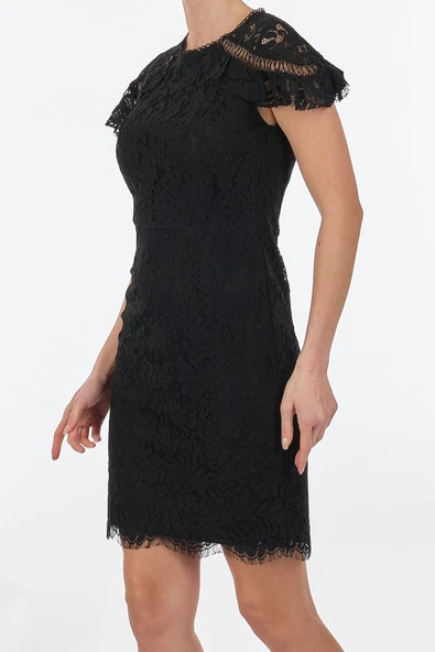 Ekol Dantelli Midi Elbise - Kısa Kol, Yuvarlak Yaka, Minimalist - Resim 11